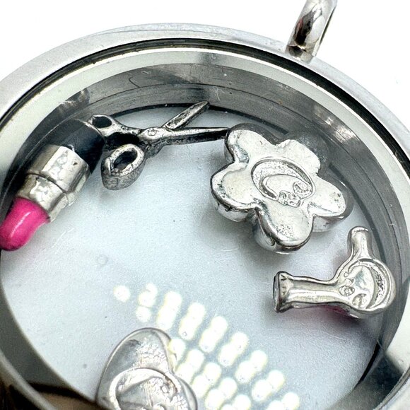 Origami Owl Round Silvertone Hairdresser Locket Rhinestones & Charms Hairdryer S - Picture 5 of 8